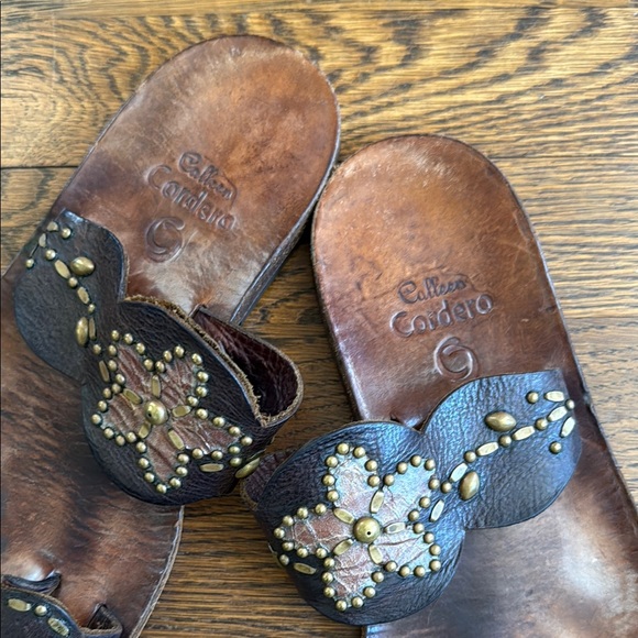 Brown Leather Sandals with Gold Accents - Picture 2 of 4